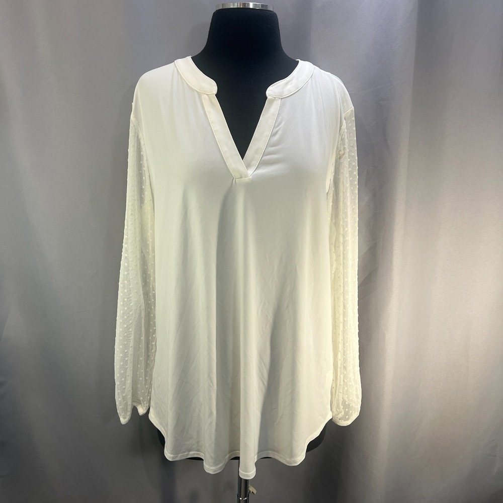 Black Label By Evan Picone Blouse Top Women Extra Large White V Neck Mesh Sleeve